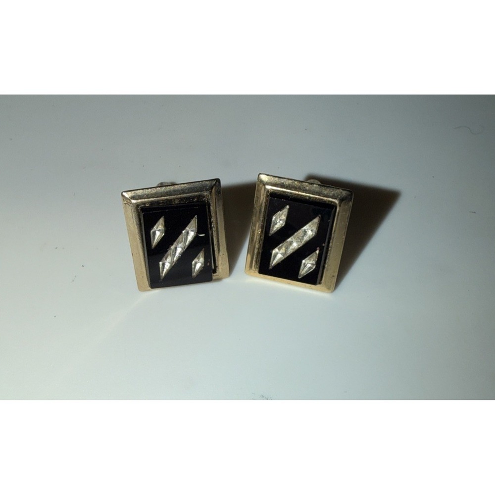 Vintage Black Cufflinks Glass Rectangle Cuff Links Rhinestone Inlay Gold Tone